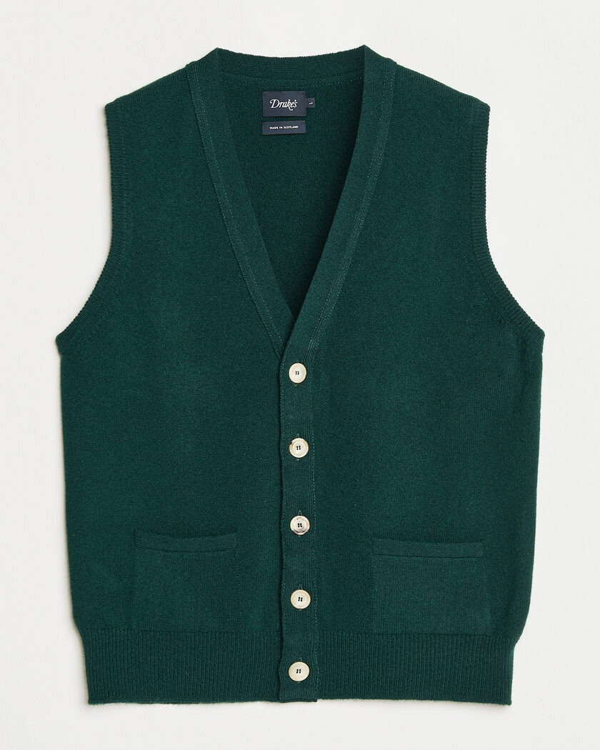 Drake's Lambswool Vest Cardigan Green – Vihreä