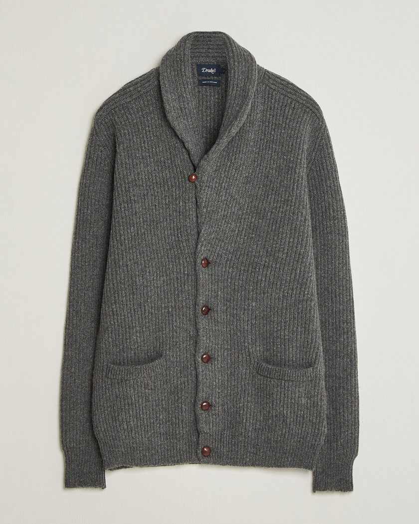 Drake's Lambswool Shawl Collar Rib Cardigan Grey – Harmaa