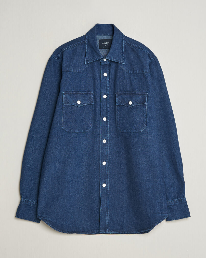 Drake's Western Selvedge Denim Shirt Stone Wash Indigo – Sininen