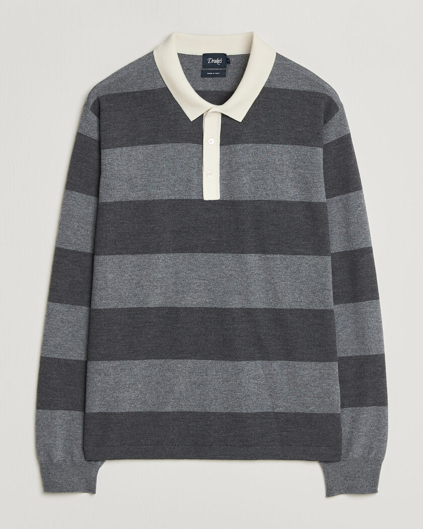 Drake's Block Stripe Knitted Rugby Mid Grey – Harmaa