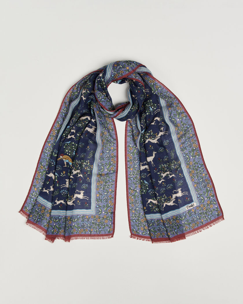 Drake's Archival Animals Wool/Silk Scarf Navy – Sininen