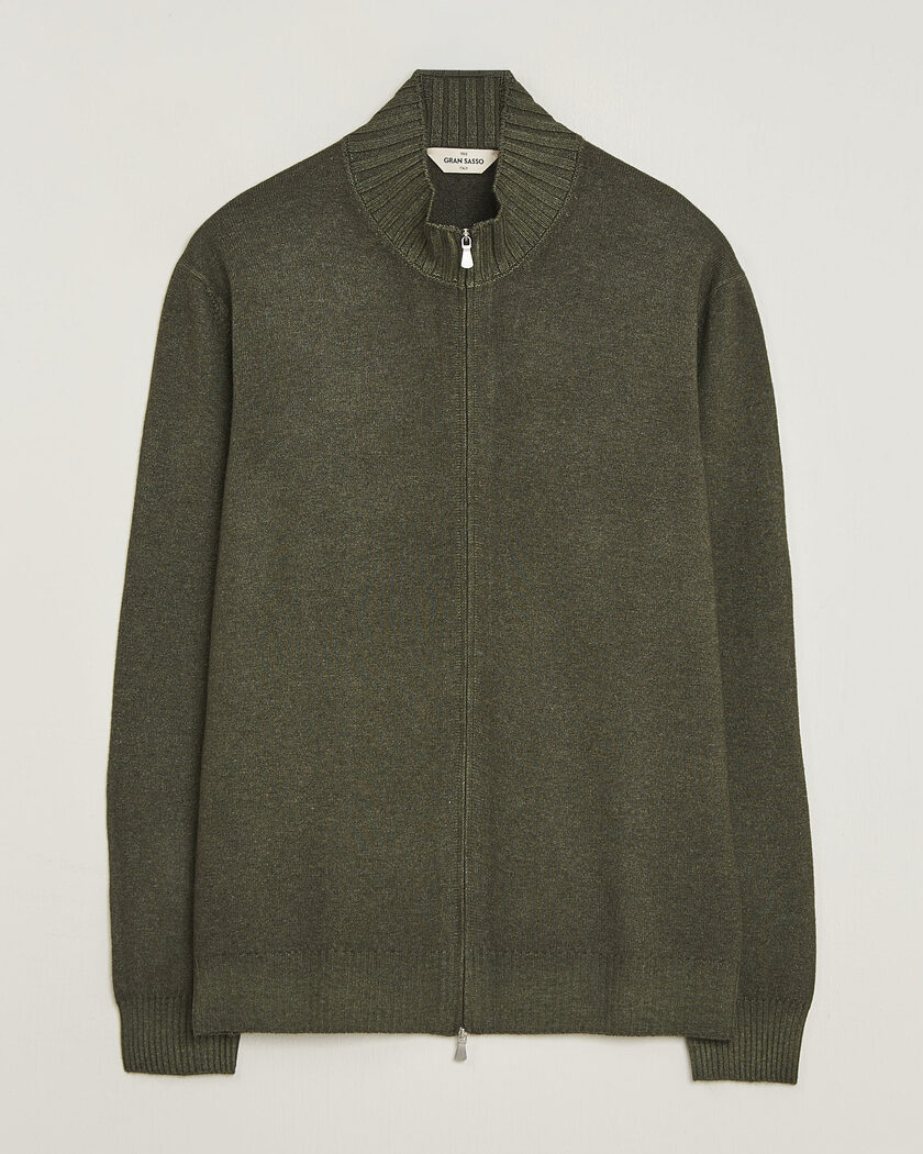 Gran Sasso Wool/Cashmere Washed Full Zip Olive Melange – Vihreä