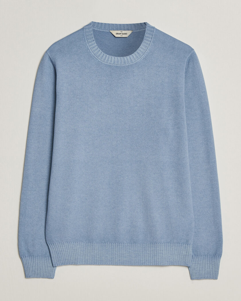 Gran Sasso Wool/Cashmere Washed Crew Neck Blue Melange – Sininen