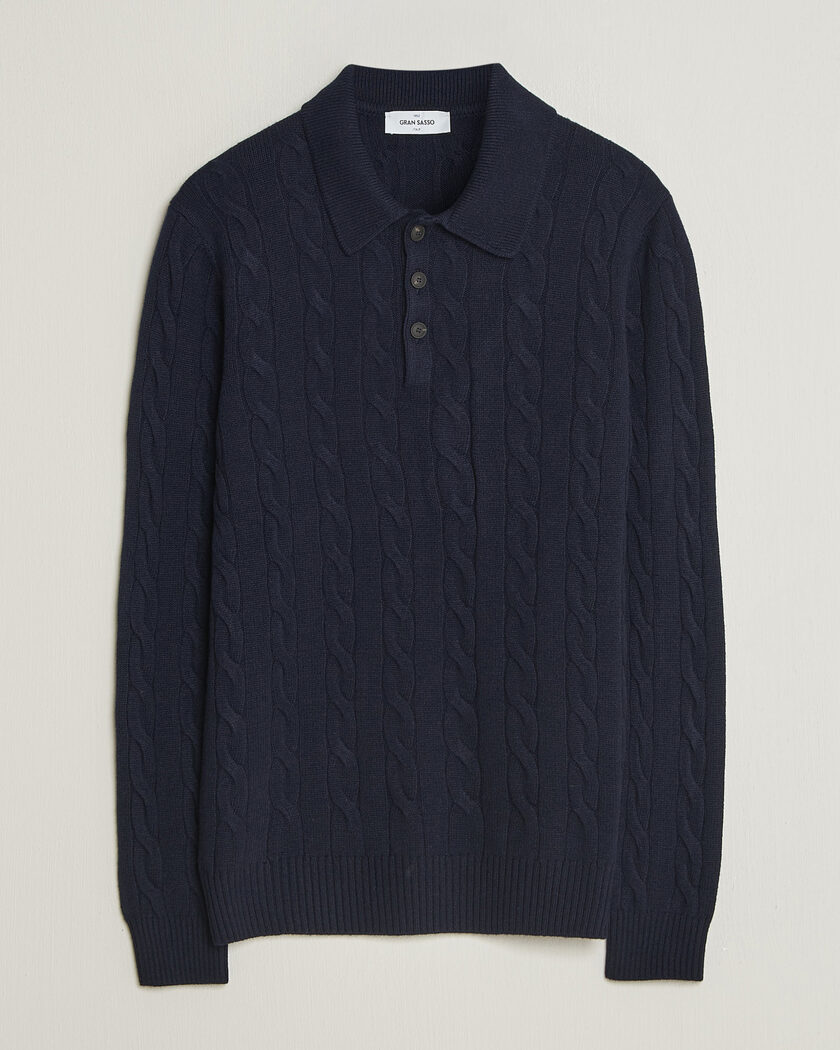 Gran Sasso Wool/Cashmere Cable Polo Navy – Sininen