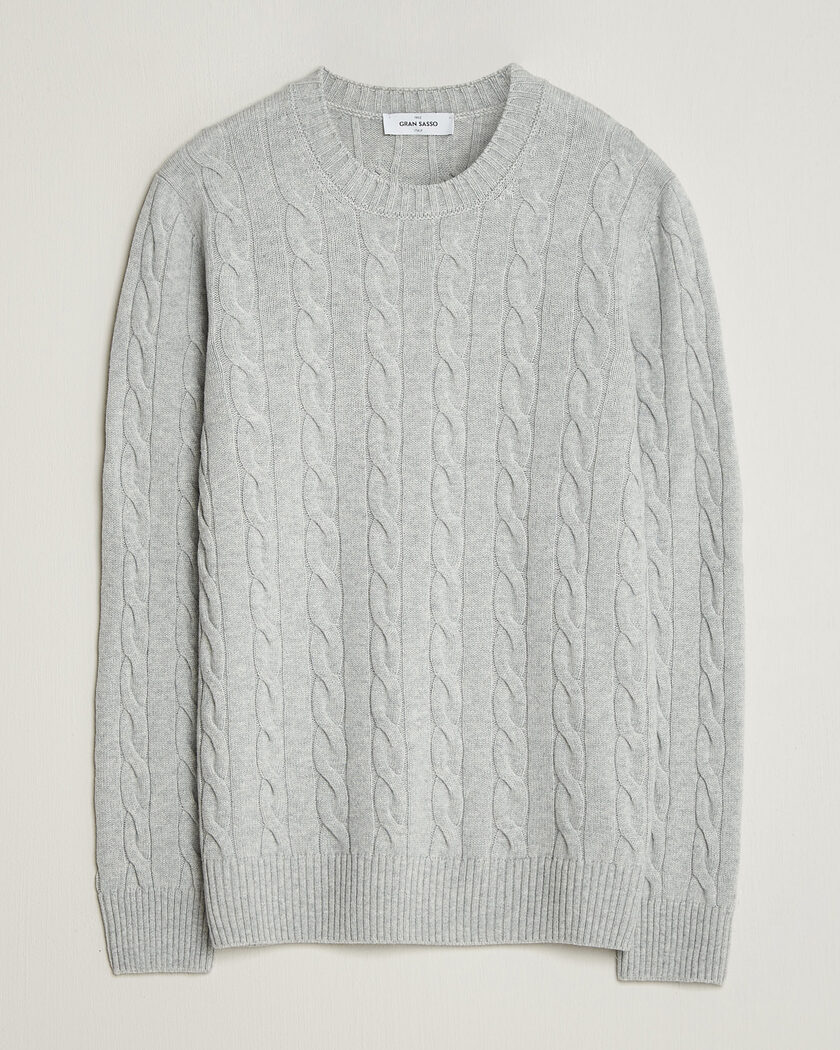 Gran Sasso Wool/Cashmere Cable Crew Neck Light Grey Melange – Harmaa