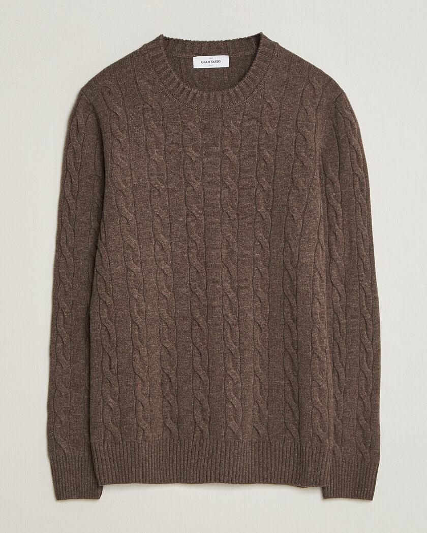 Gran Sasso Wool/Cashmere Cable Crew Neck Dark Brown Melange – Ruskea