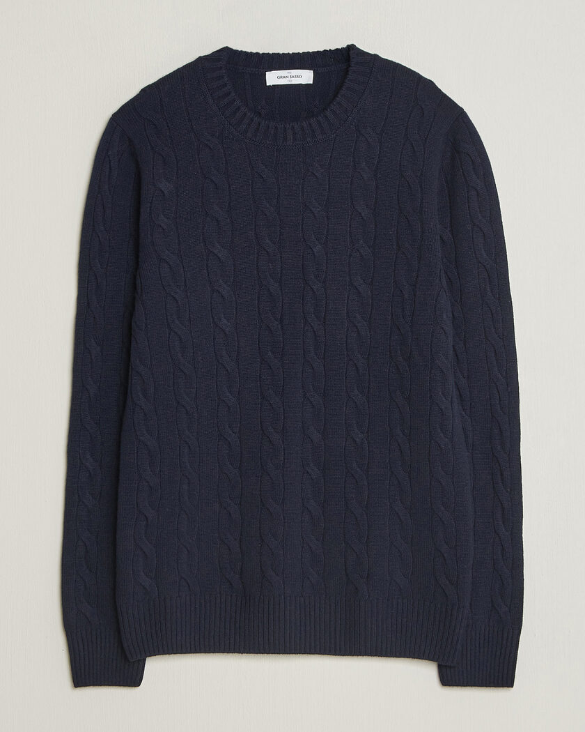 Gran Sasso Wool/Cashmere Cable Crew Neck Navy – Sininen