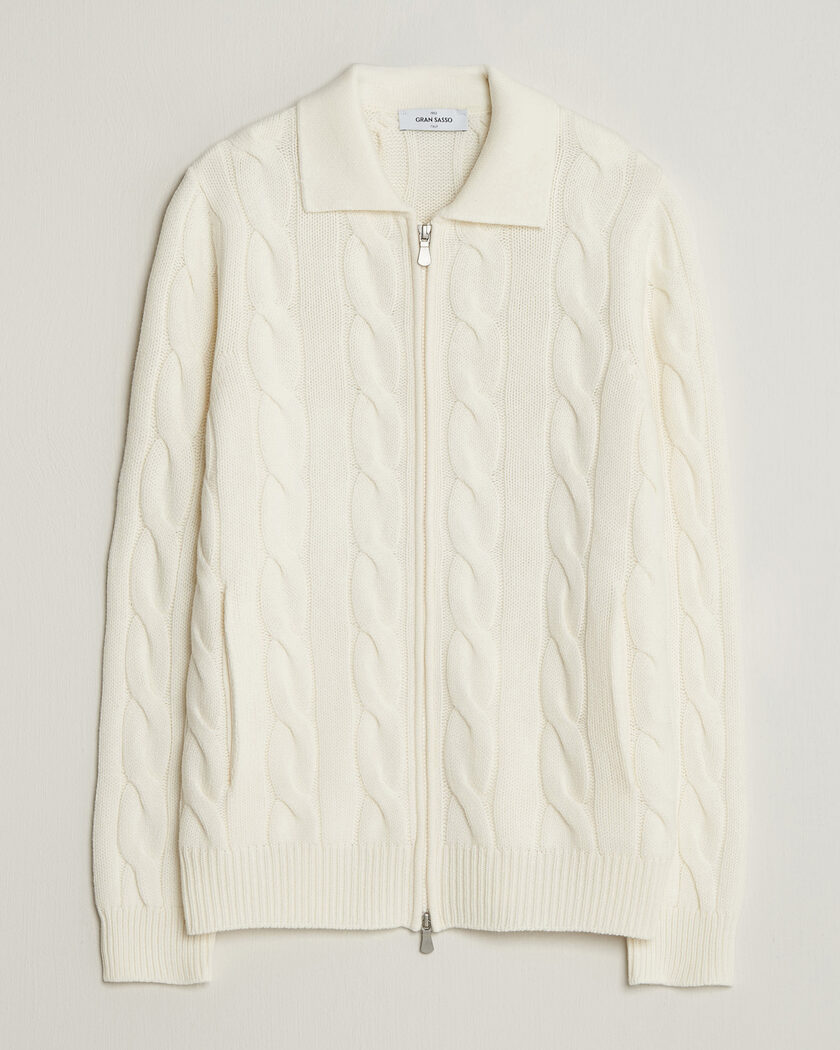 Gran Sasso Wool/Cashmere Cable Full Zip Cream – Valkoinen