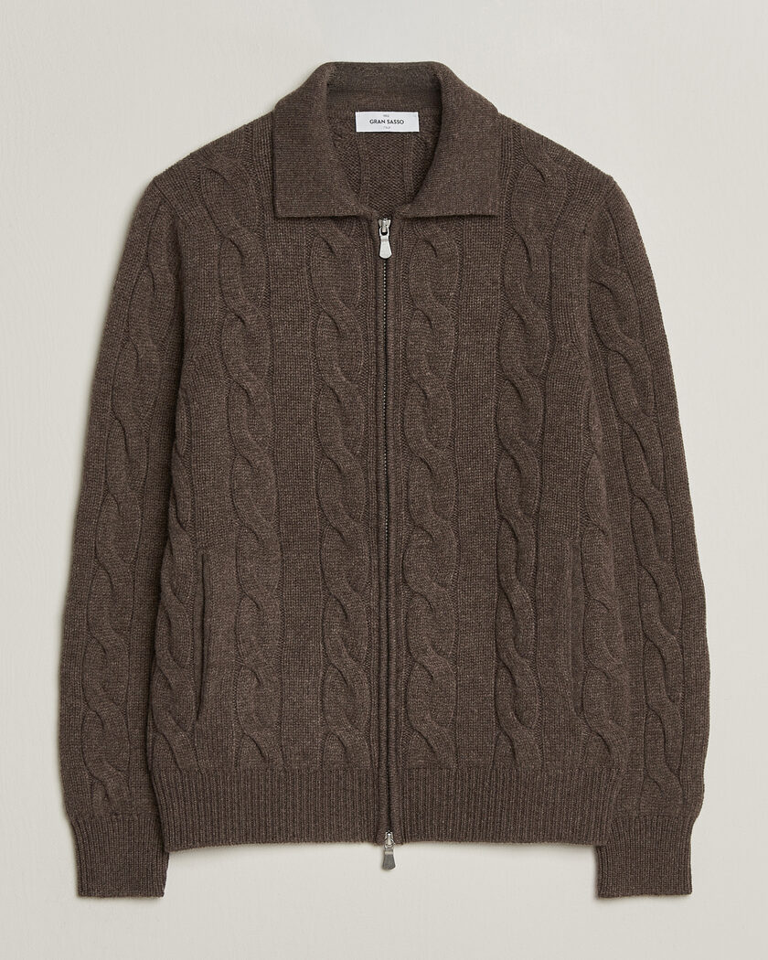 Gran Sasso Wool/Cashmere Cable Full Zip Dark Brown Melange – Ruskea