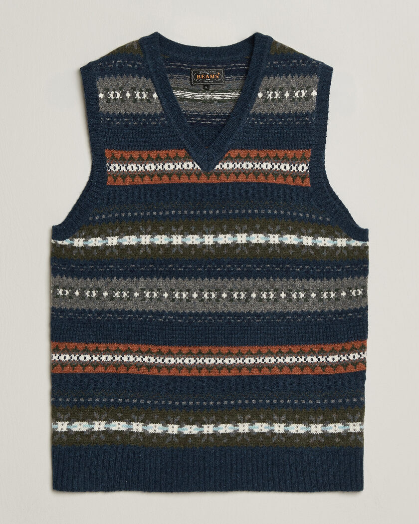BEAMS PLUS Fair Isle Knit Vest Navy – Sininen