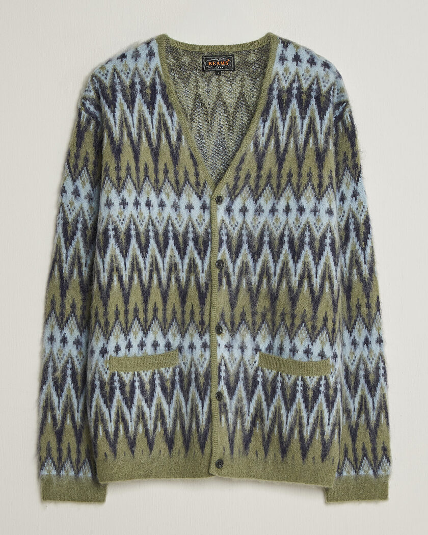 BEAMS PLUS Chevron Jacquard Cardigan Green/Grey – Vihreä