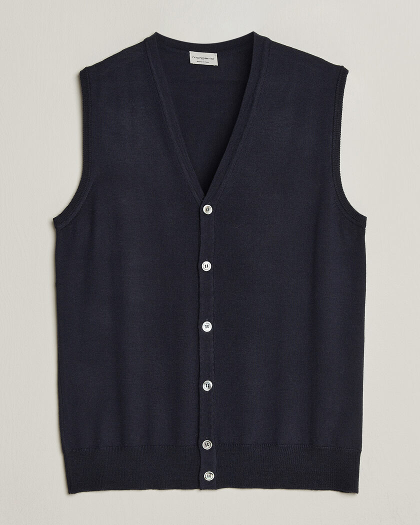 Morgano Extra Fine Merino Wool Sleevles Cardigan Vest Navy – Sininen