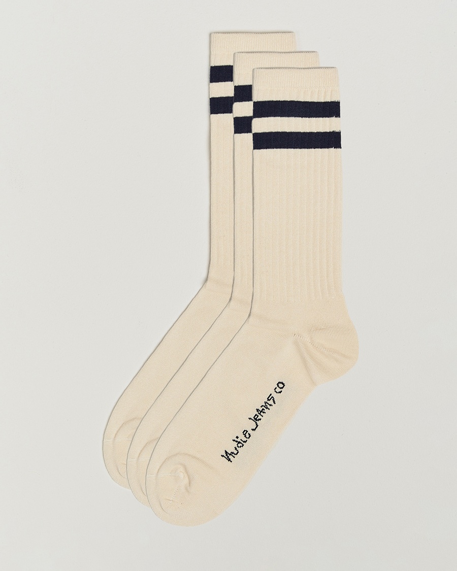 Nudie Jeans 3-pack Amundsson Tennis Socks Off White/Navy – Valkoinen