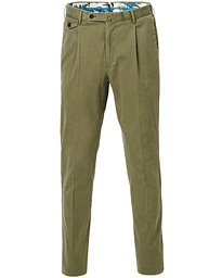  Slim Fit Pleated Cotton Trousers Olive Green