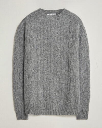 Harley Of Scotland Brushed Supersoft Lambswool Cable Mid Grey