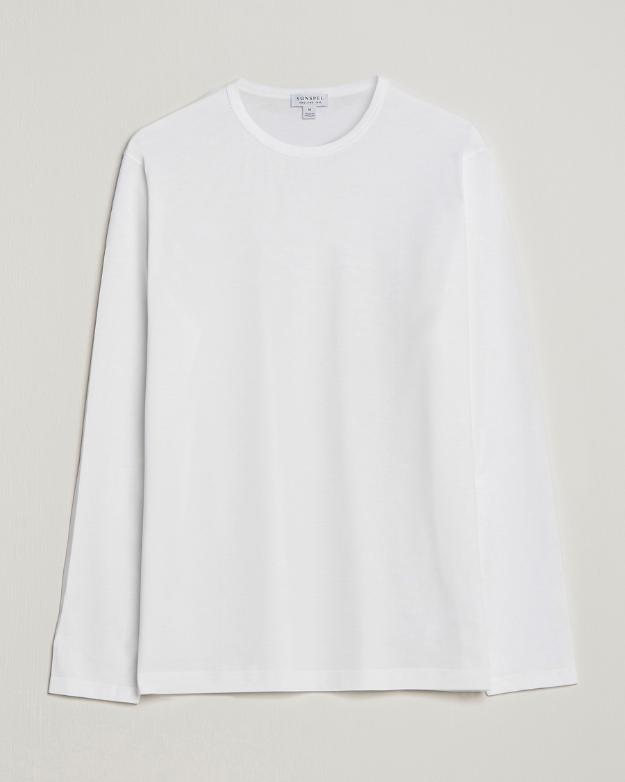 Mies | Pitkähihaiset t-paidat | Sunspel | Long Sleeve Crew Neck Cotton Tee White