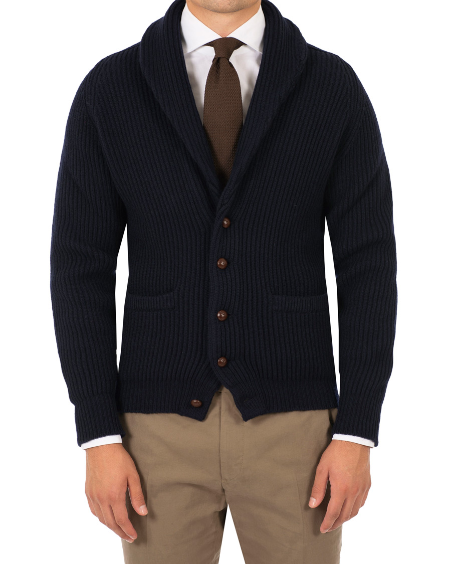 Mies | Puserot | Drake's | Lambswool Shawl Cardigan Navy