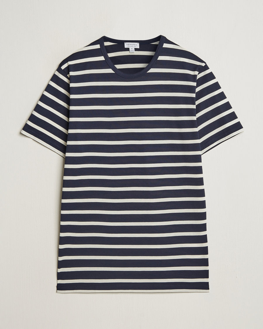 Mies | T-paidat | Sunspel | Striped Crew Neck Q82 Cotton T-Shirt Navy/Ecru