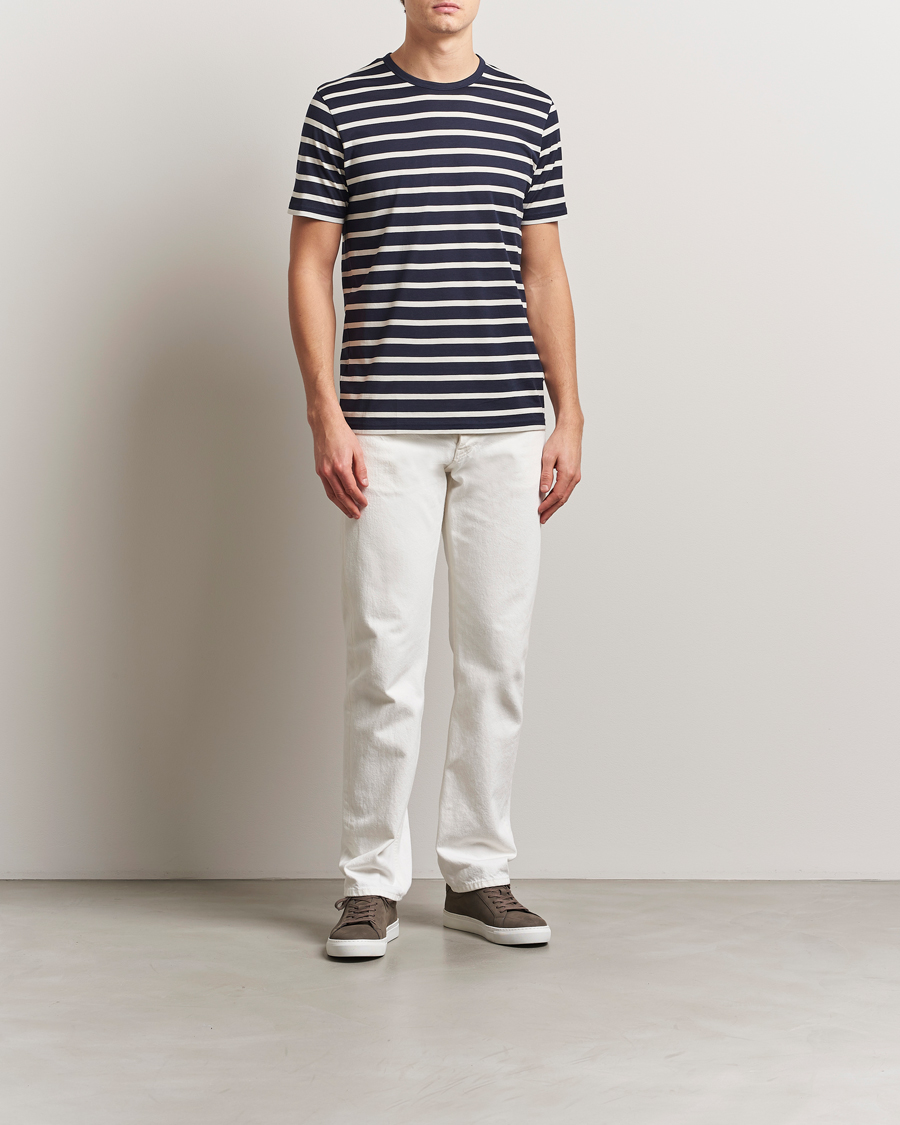 Mies | T-paidat | Sunspel | Striped Crew Neck Q82 Cotton T-Shirt Navy/Ecru