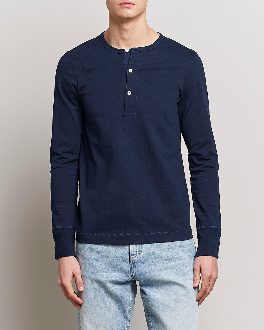 Mies | Puserot | Merz b. Schwanen | Classic Organic Cotton Henley Sweater Ink Blue