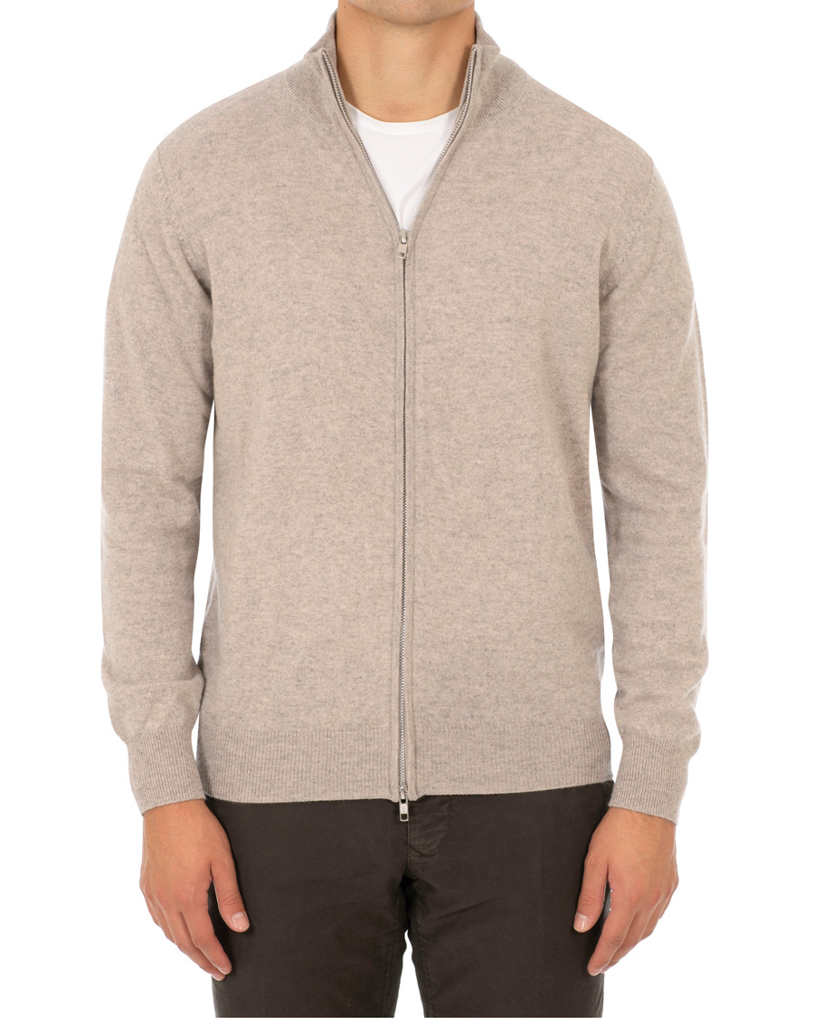 Mies | Puserot | Soft Goat | Cashmere Full-zip Light Taupe
