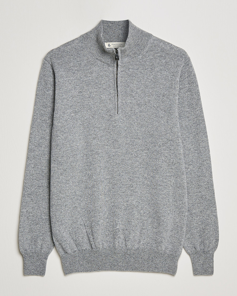 Mies | Puserot | Piacenza Cashmere | Cashmere Half Zip Sweater Light Grey