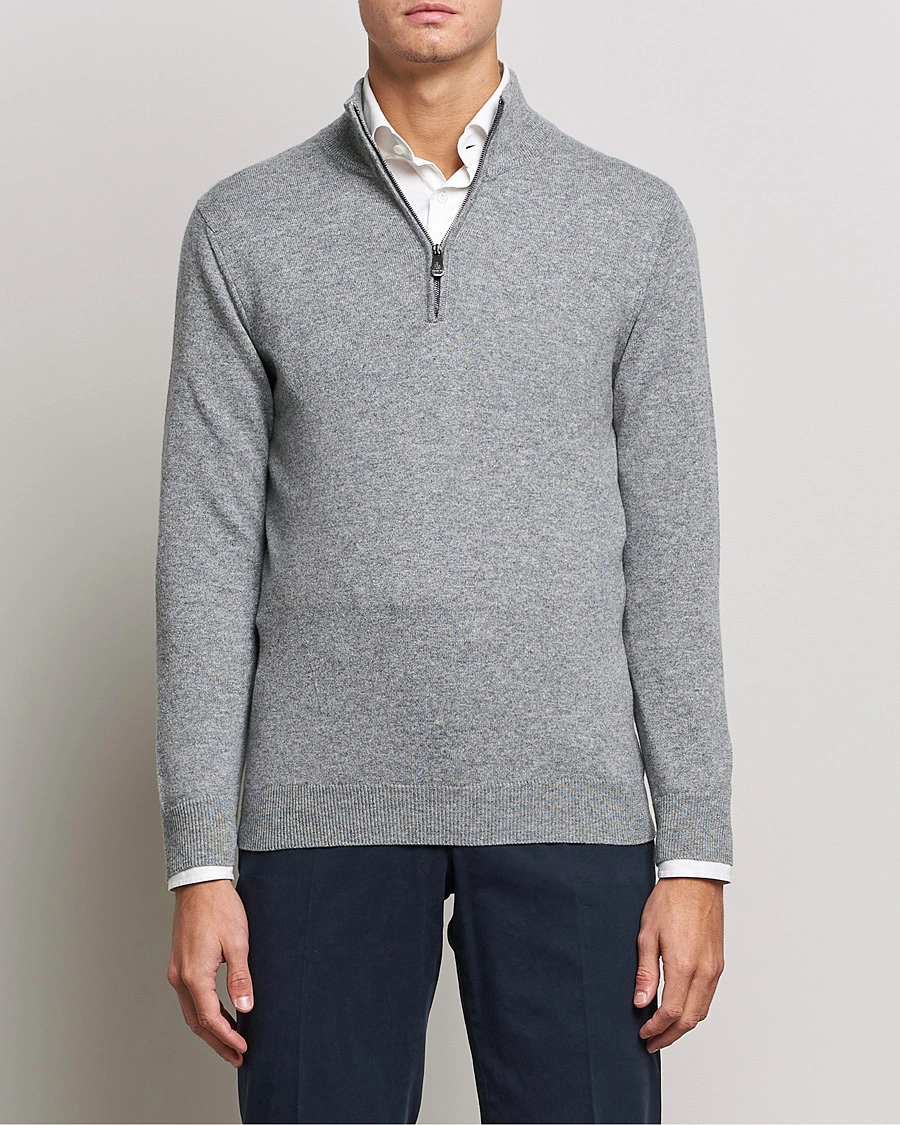 Mies | Kashmirneuleet | Piacenza Cashmere | Cashmere Half Zip Sweater Light Grey
