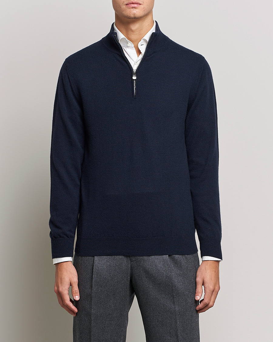 Mies | Puserot | Piacenza Cashmere | Cashmere Half Zip Sweater Navy