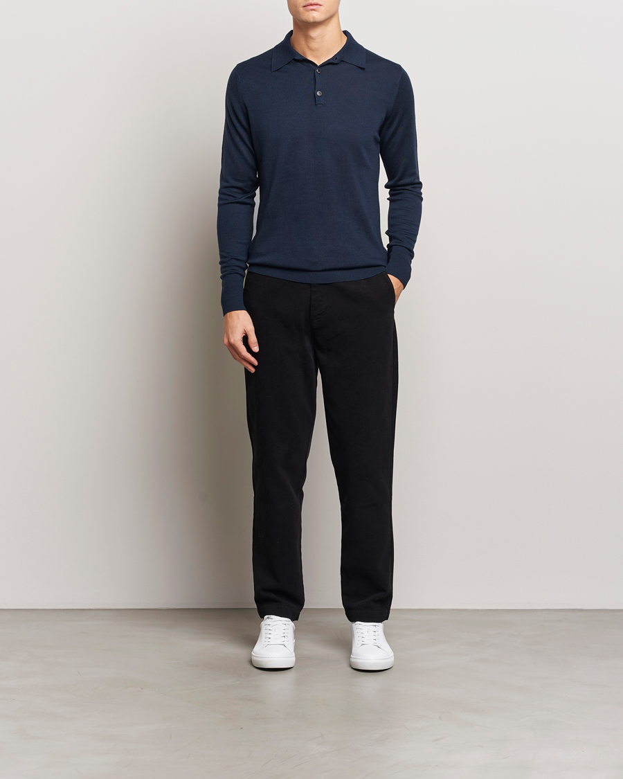 Mies | Puserot | Sunspel | Long Sleeve Polo Navy