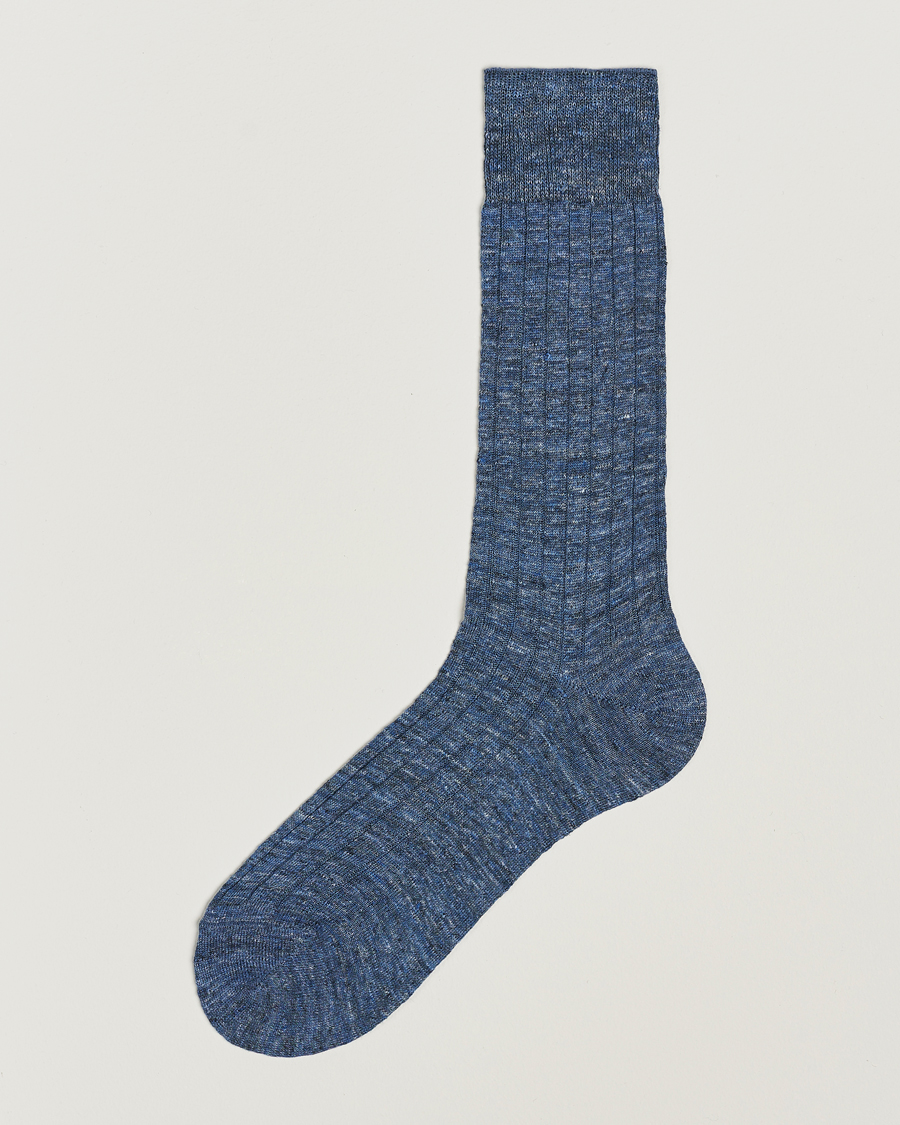Mies | Alusvaatteet | Bresciani | Linen Ribbed Short Socks Blue Melange