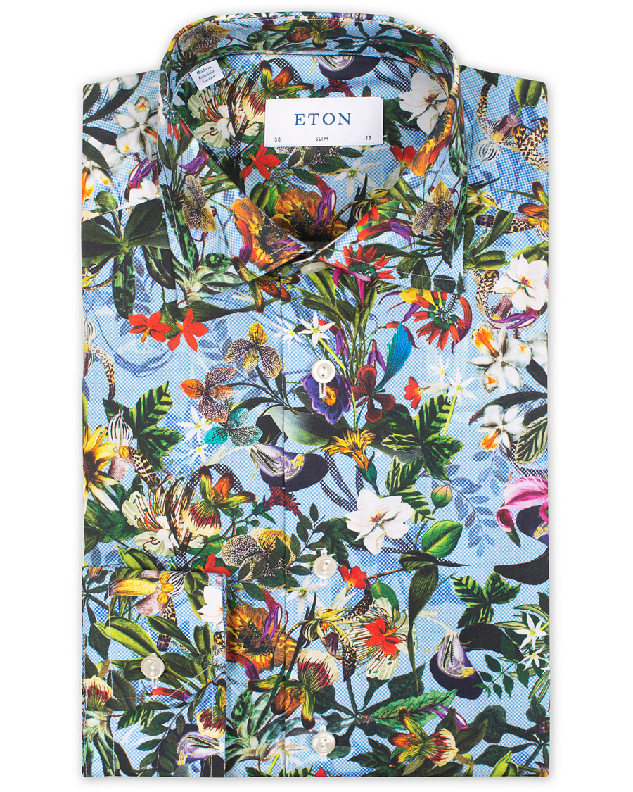 Mies | Kauluspaidat | Eton | Slim Fit Twill Printed Flower Shirt Blue Green