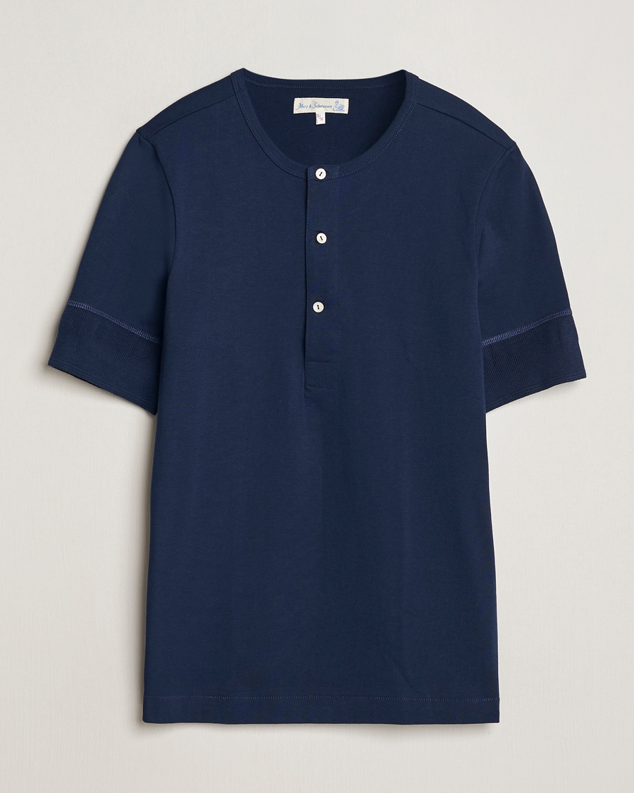Mies | Puserot | Merz b. Schwanen | Short Sleeve Organic Cotton Henley Ink Blue