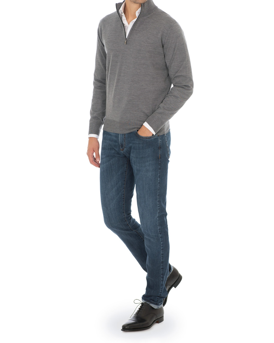 Mies | Puserot | Canali | Merino Wool Half Zip Sweater Grey Melange