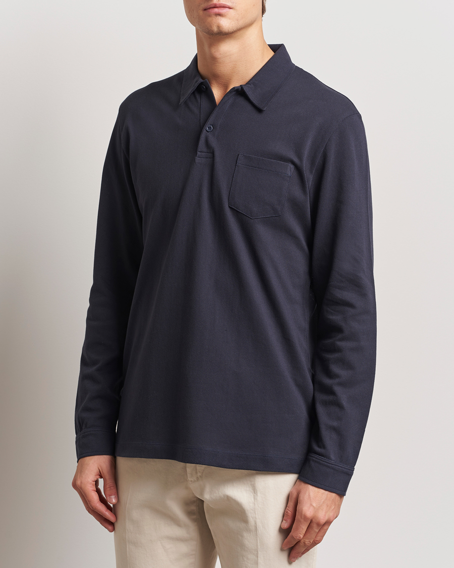 Mies | Pikeet | Sunspel | Long Sleeve Riviera Polo Shirt Navy