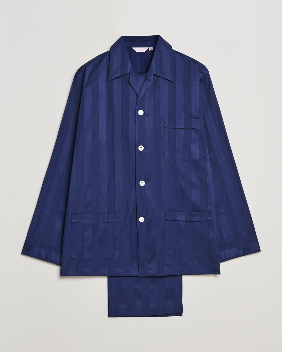 Mies | Yöpuvut ja kylpytakit | Derek Rose | Striped Cotton Satin Pyjama Set Navy