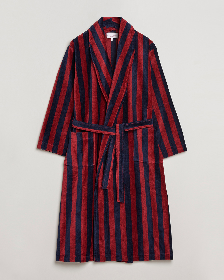 Mies | Yöpuvut ja kylpytakit | Derek Rose | Cotton Velour Striped Gown Red/Blue
