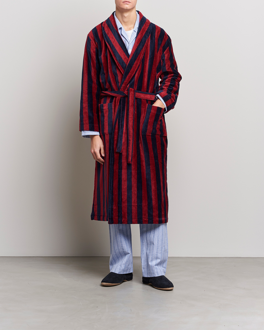 Mies | Yöpuvut ja kylpytakit | Derek Rose | Cotton Velour Striped Gown Red/Blue