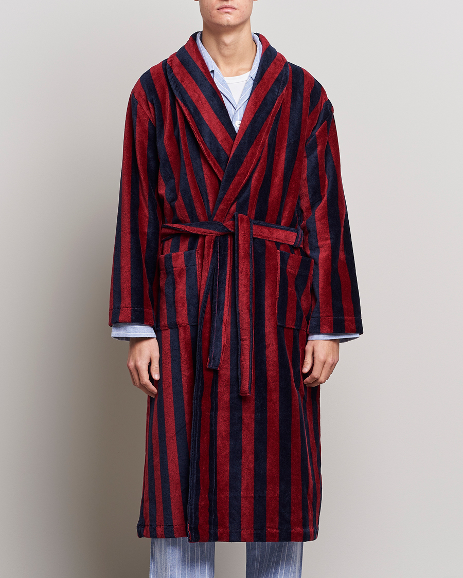 Mies | Yöpuvut ja kylpytakit | Derek Rose | Cotton Velour Striped Gown Red/Blue