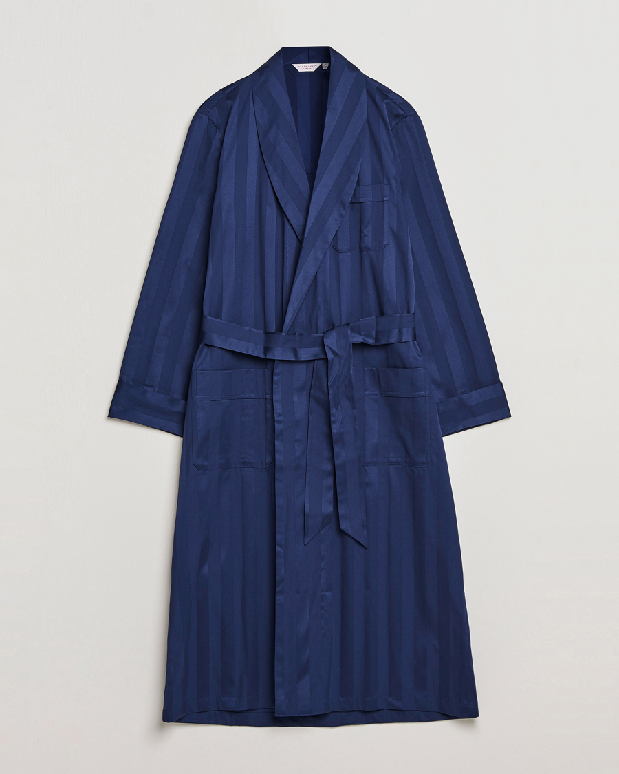 Mies |  | Derek Rose | Striped Cotton Satin Dressing Gown Navy/Navy