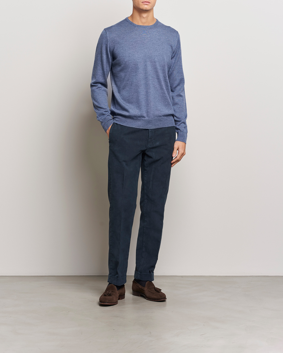 Mies | Puserot | Gran Sasso | Merino Fashion Fit Crew Neck Pullover Blue Melange