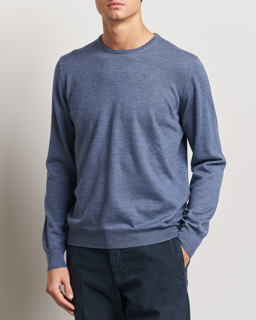 Mies | Puserot | Gran Sasso | Merino Fashion Fit Crew Neck Pullover Blue Melange