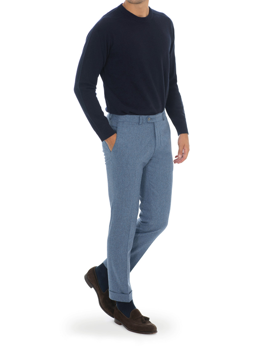 Mies | Housut | Oscar Jacobson | Dean Turn Up Flannel Trousers Light Blue