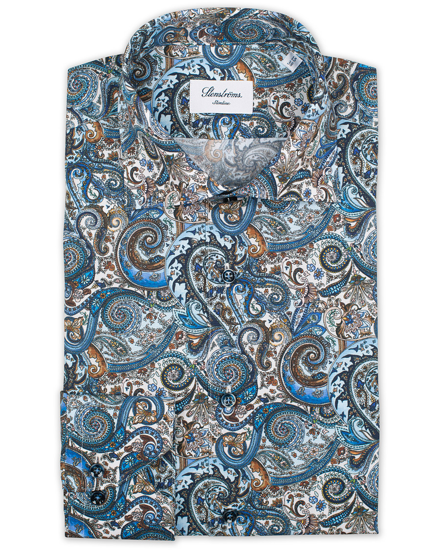 Mies | Kauluspaidat | Stenströms | Slimline Printed Paisley Shirt White/Blue