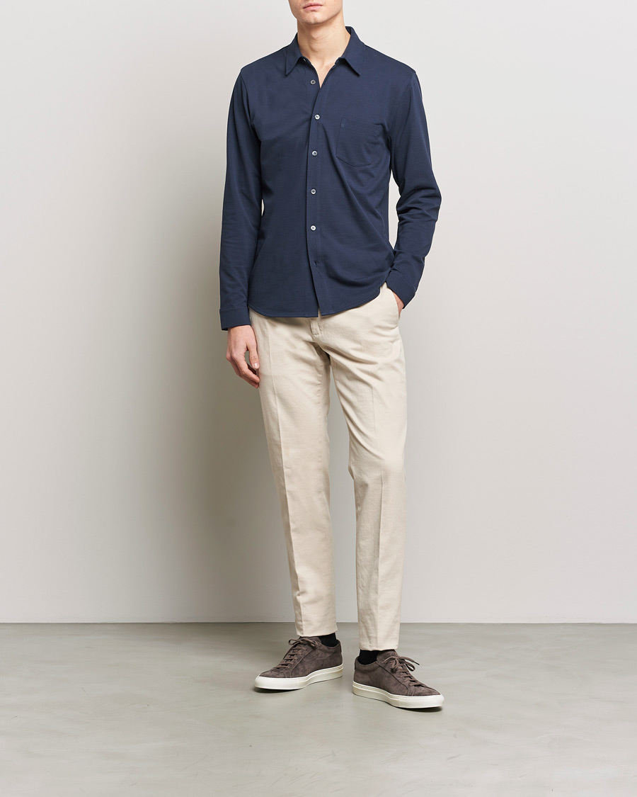 Mies |  | Sunspel | Long Sleeve Pique Shirt Navy