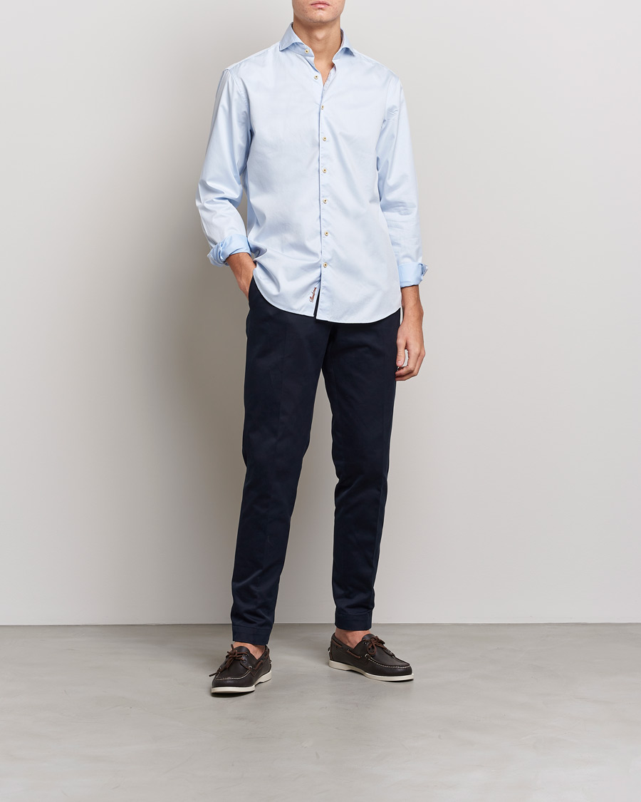 Mies | Kauluspaidat | Stenströms | Fitted Body Washed Cotton Plain Shirt Light Blue