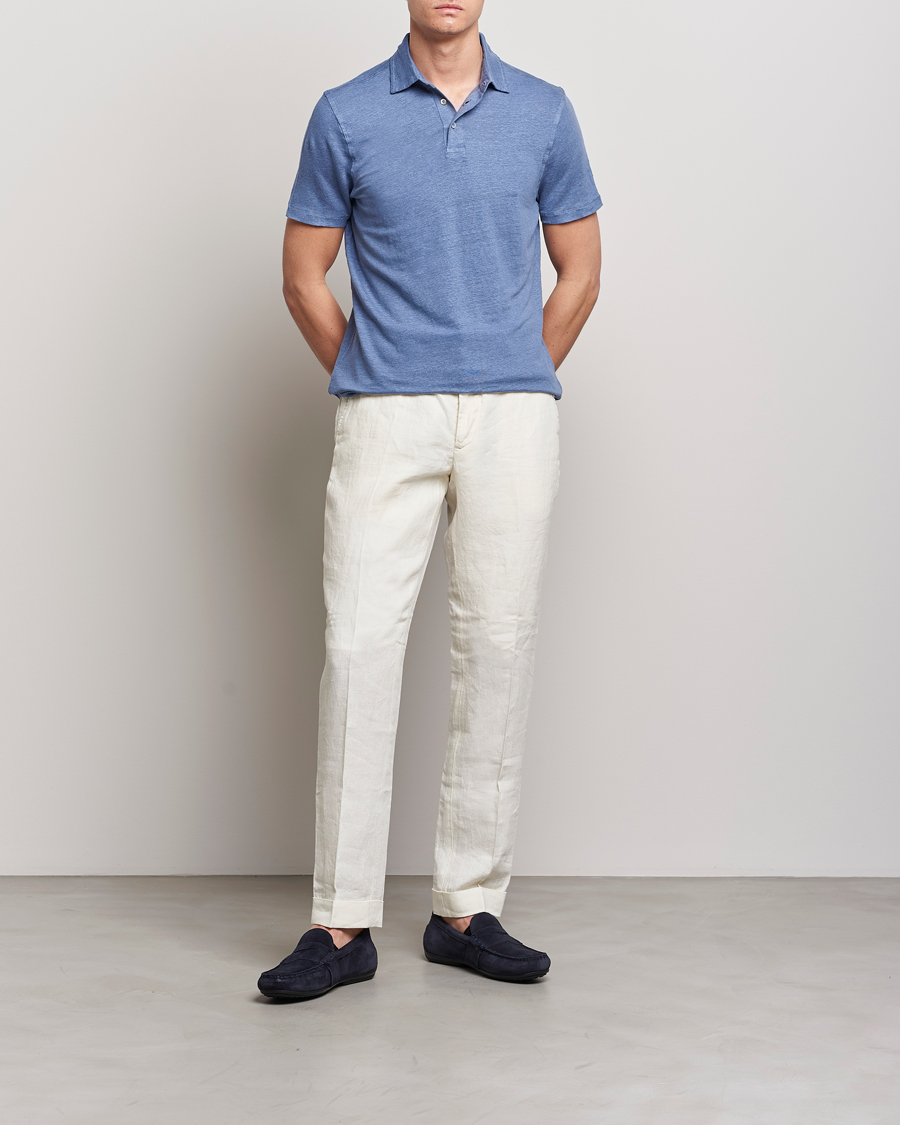 Mies | Pikeet | Stenströms | Linen Polo Shirt Mid Blue