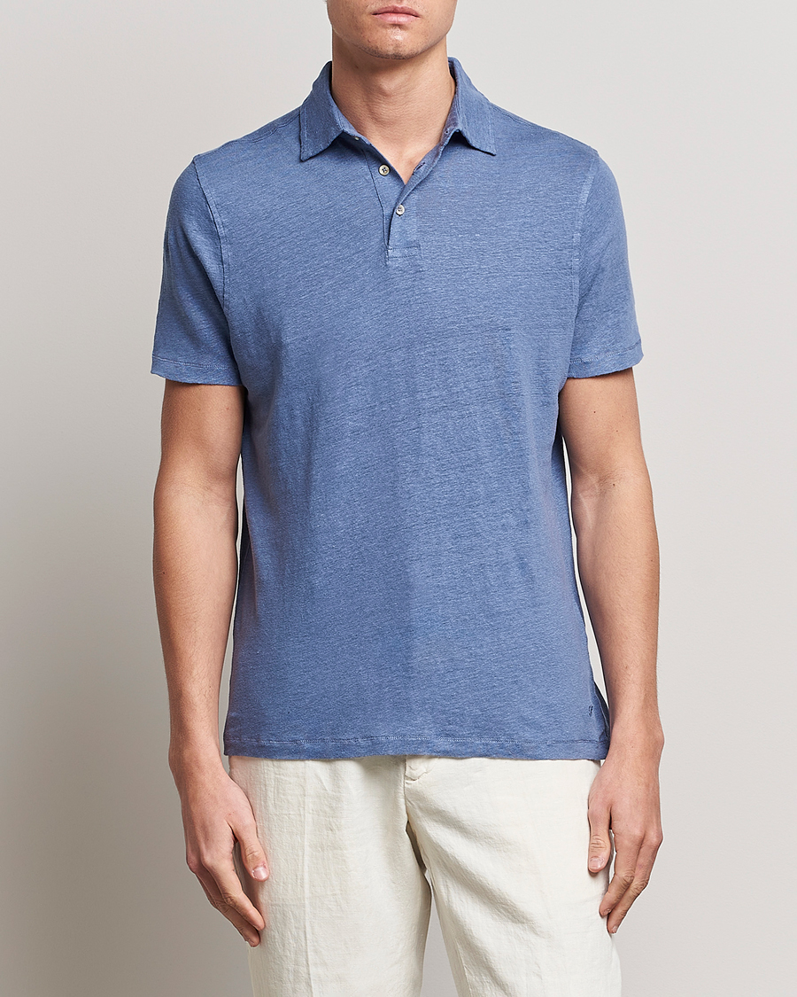 Mies |  | Stenströms | Linen Polo Shirt Mid Blue
