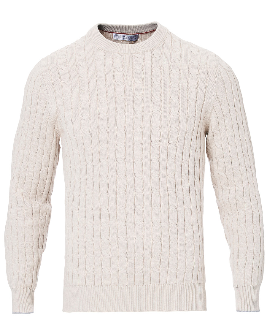 Mies | Puserot | Brunello Cucinelli | Crew Neck Cotton Cable Sweater Beige
