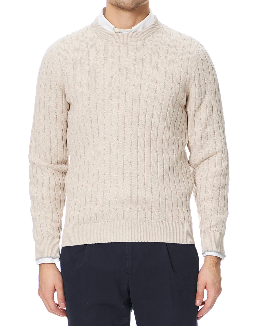 Mies | Puserot | Brunello Cucinelli | Crew Neck Cotton Cable Sweater Beige