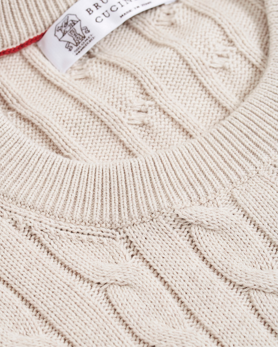 Mies | Puserot | Brunello Cucinelli | Crew Neck Cotton Cable Sweater Beige